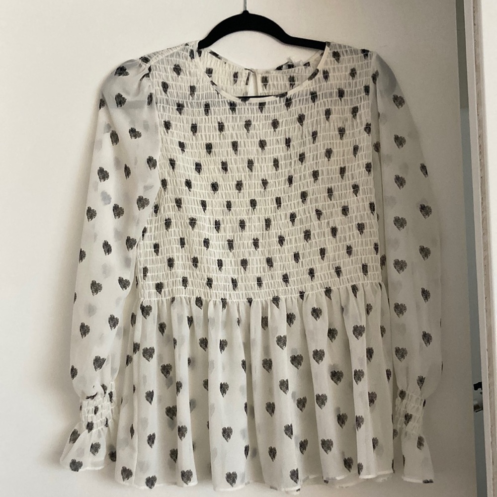 Rose + Olive white with black hearts sheer peplum blouse